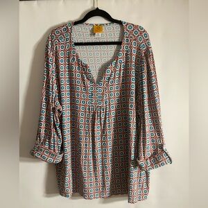 RUBY RD. WOMAN RAYON & SPANDEX PULLOVER BOHO PRINT ROLL TAB SLEEVES TOP SIZE 3X